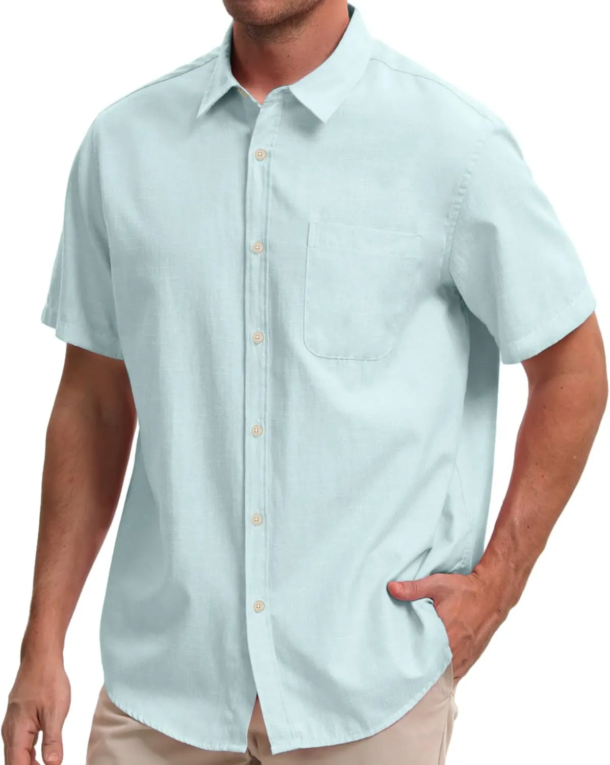 Mens Cotton Linen Short Sleeve Shirts Casual Lightweight Button Down Shirts Vacation Beach Summer Tops with Pocket