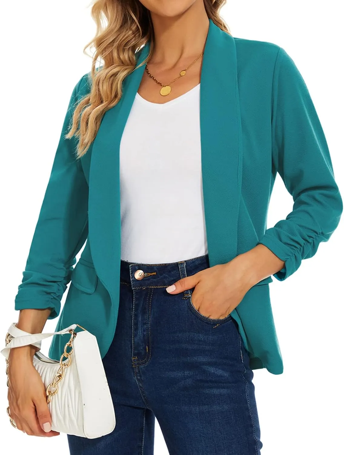 MINTLIMIT Womens Casual Open Front Blazers 3/4 Ruched Sleeve Business Work Blazer Jackets with Pockets