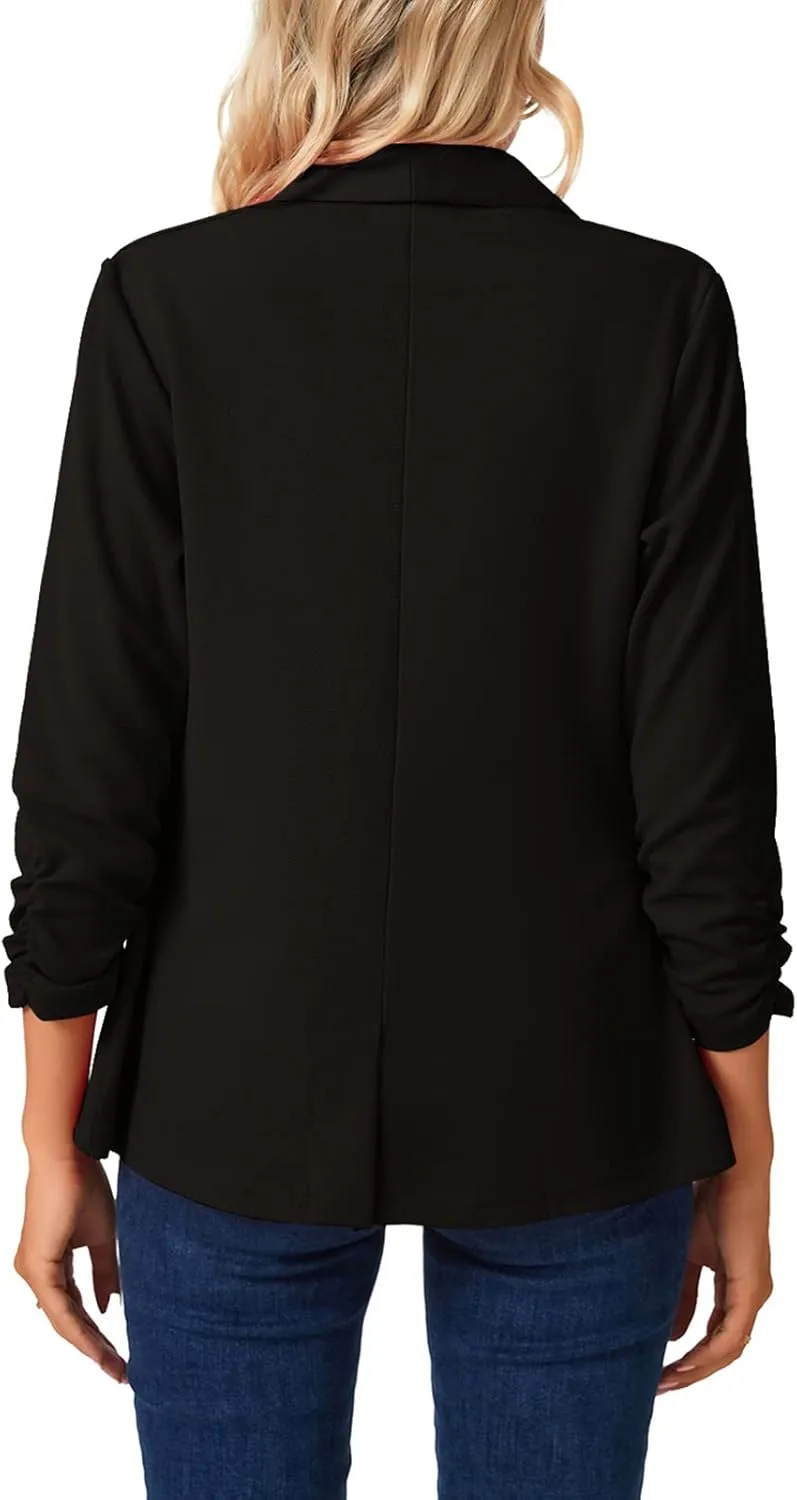MINTLIMIT Womens Casual Open Front Blazers 3/4 Ruched Sleeve Business Work Blazer Jackets with Pockets