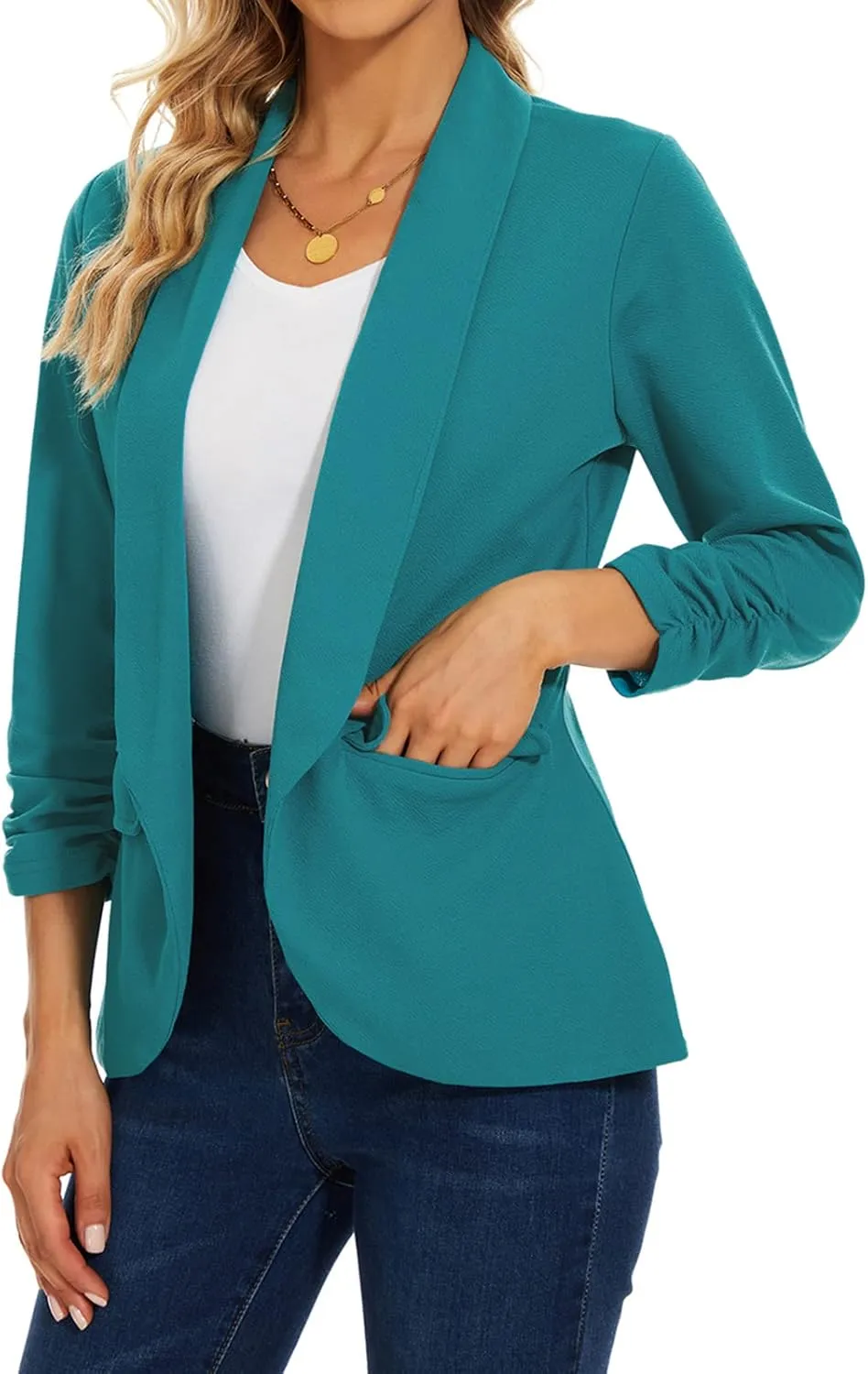 MINTLIMIT Womens Casual Open Front Blazers 3/4 Ruched Sleeve Business Work Blazer Jackets with Pockets