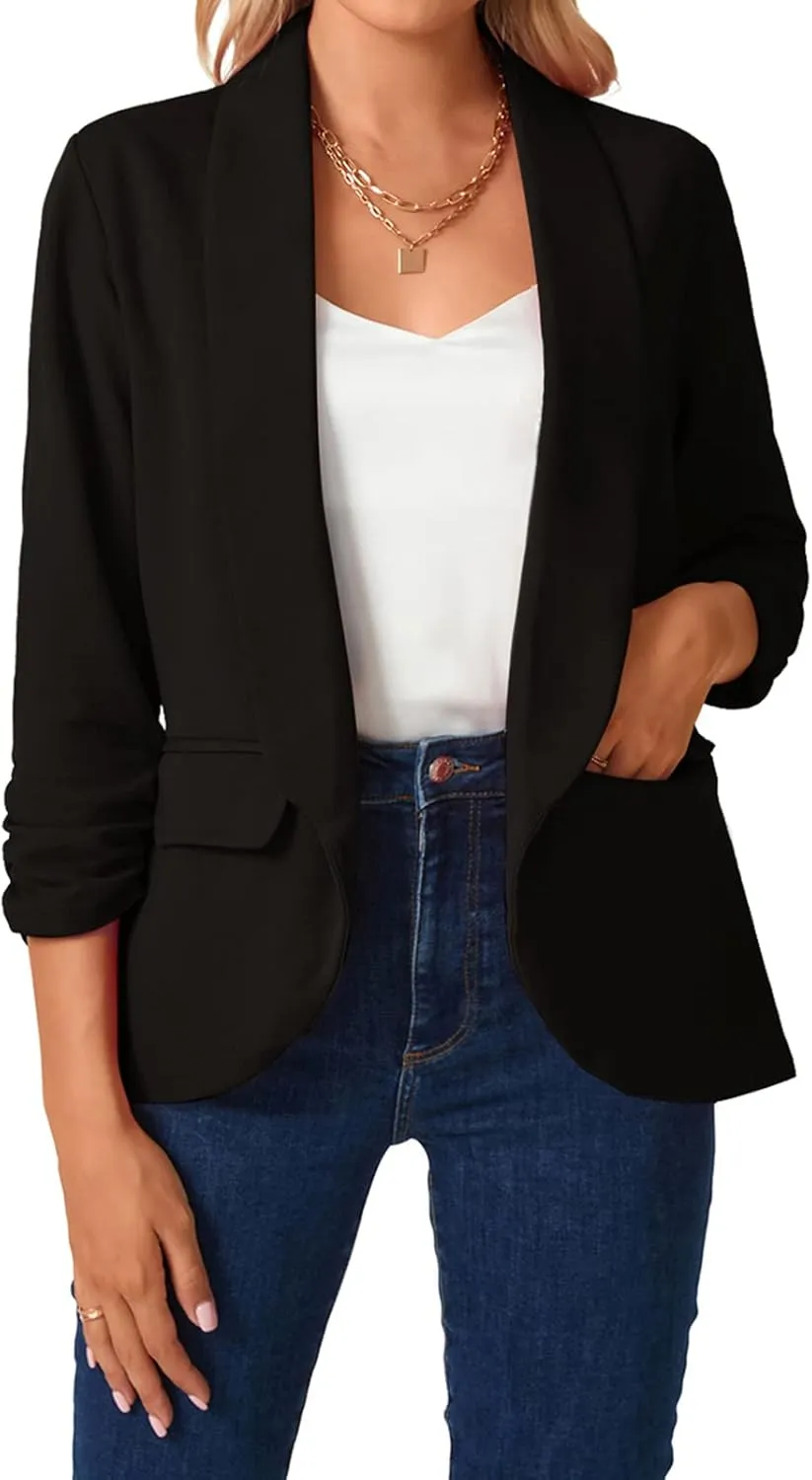 MINTLIMIT Womens Casual Open Front Blazers 3/4 Ruched Sleeve Business Work Blazer Jackets with Pockets