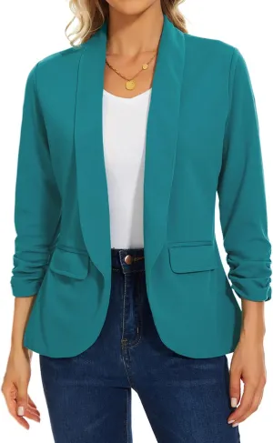 MINTLIMIT Womens Casual Open Front Blazers 3/4 Ruched Sleeve Business Work Blazer Jackets with Pockets