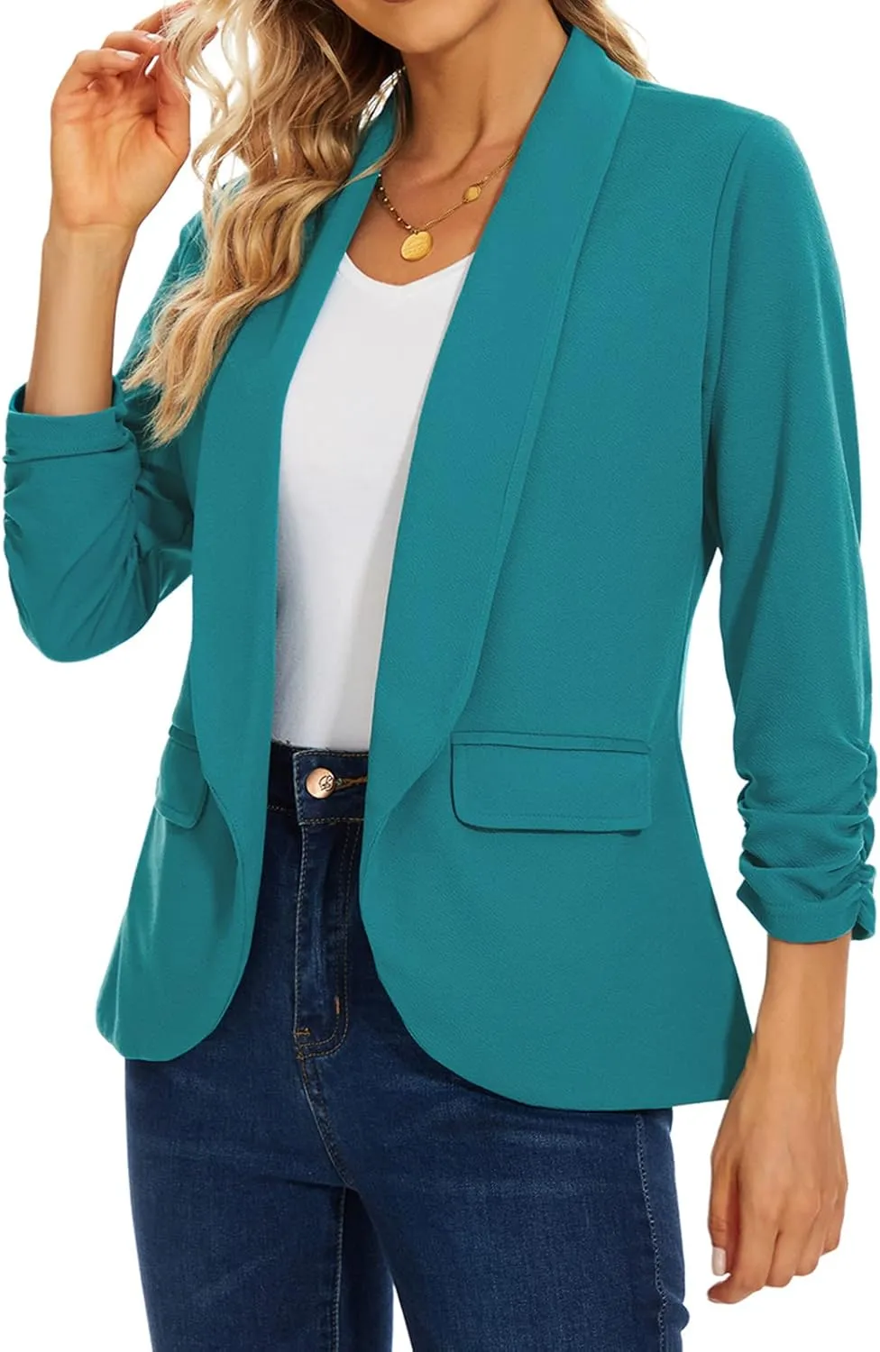 MINTLIMIT Womens Casual Open Front Blazers 3/4 Ruched Sleeve Business Work Blazer Jackets with Pockets