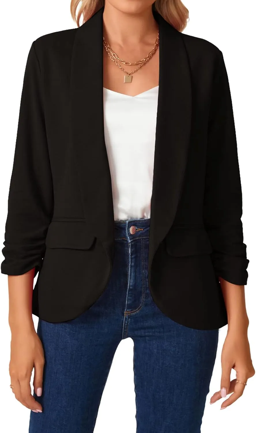 MINTLIMIT Womens Casual Open Front Blazers 3/4 Ruched Sleeve Business Work Blazer Jackets with Pockets