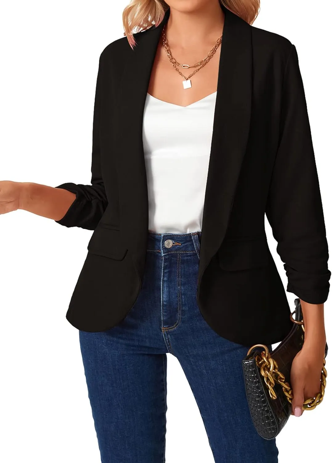 MINTLIMIT Womens Casual Open Front Blazers 3/4 Ruched Sleeve Business Work Blazer Jackets with Pockets