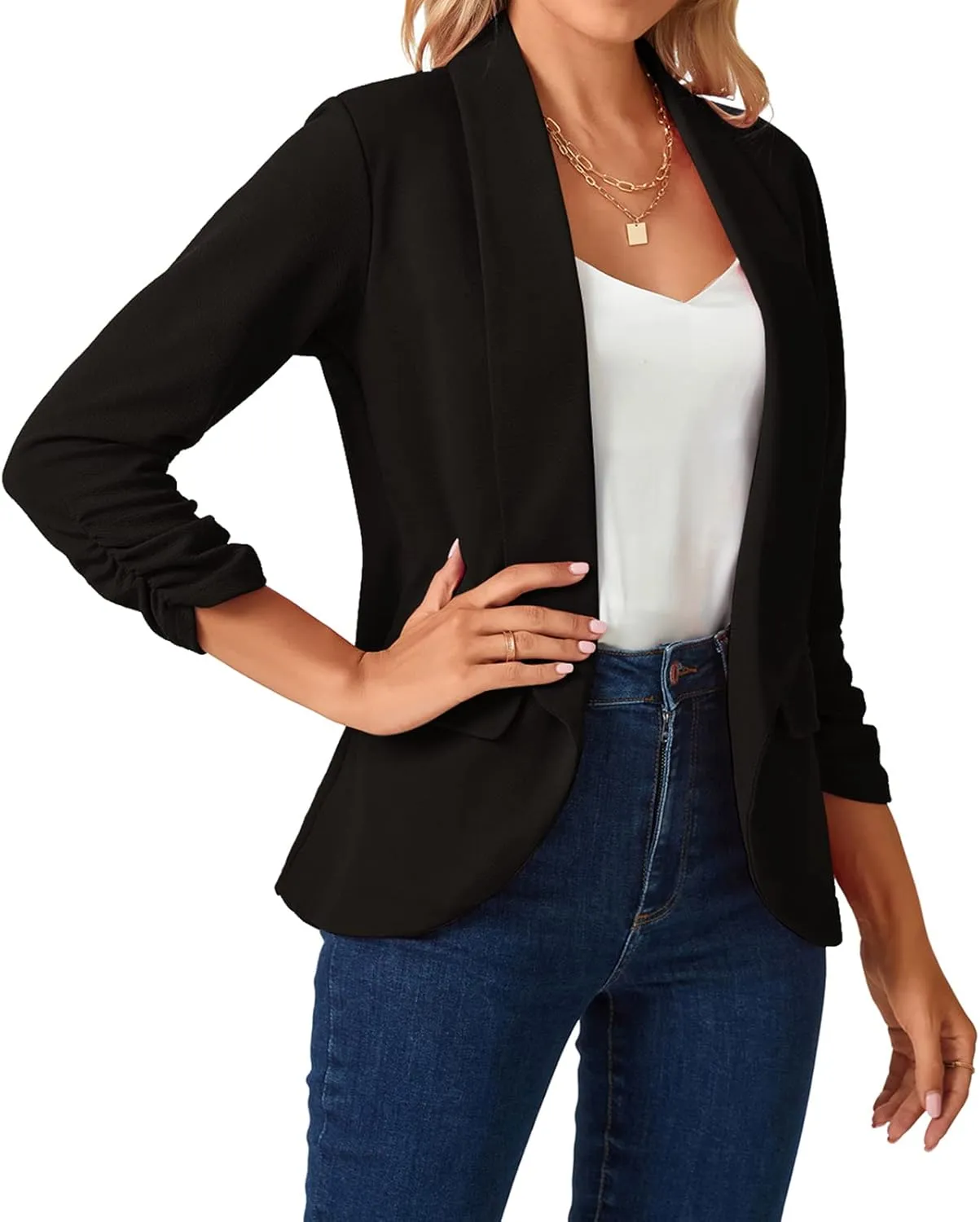 MINTLIMIT Womens Casual Open Front Blazers 3/4 Ruched Sleeve Business Work Blazer Jackets with Pockets
