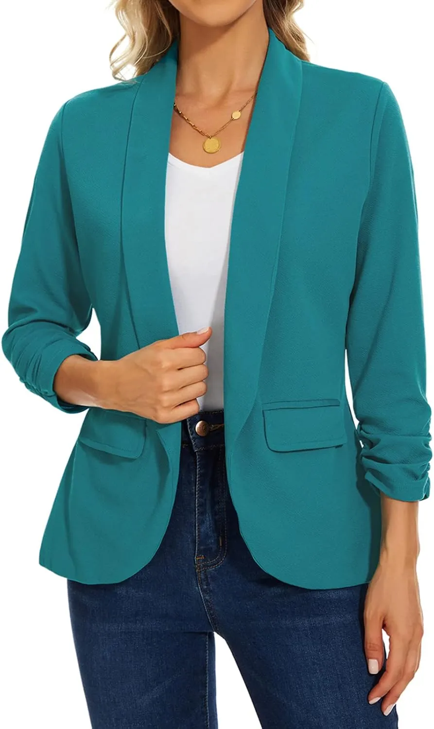 MINTLIMIT Womens Casual Open Front Blazers 3/4 Ruched Sleeve Business Work Blazer Jackets with Pockets