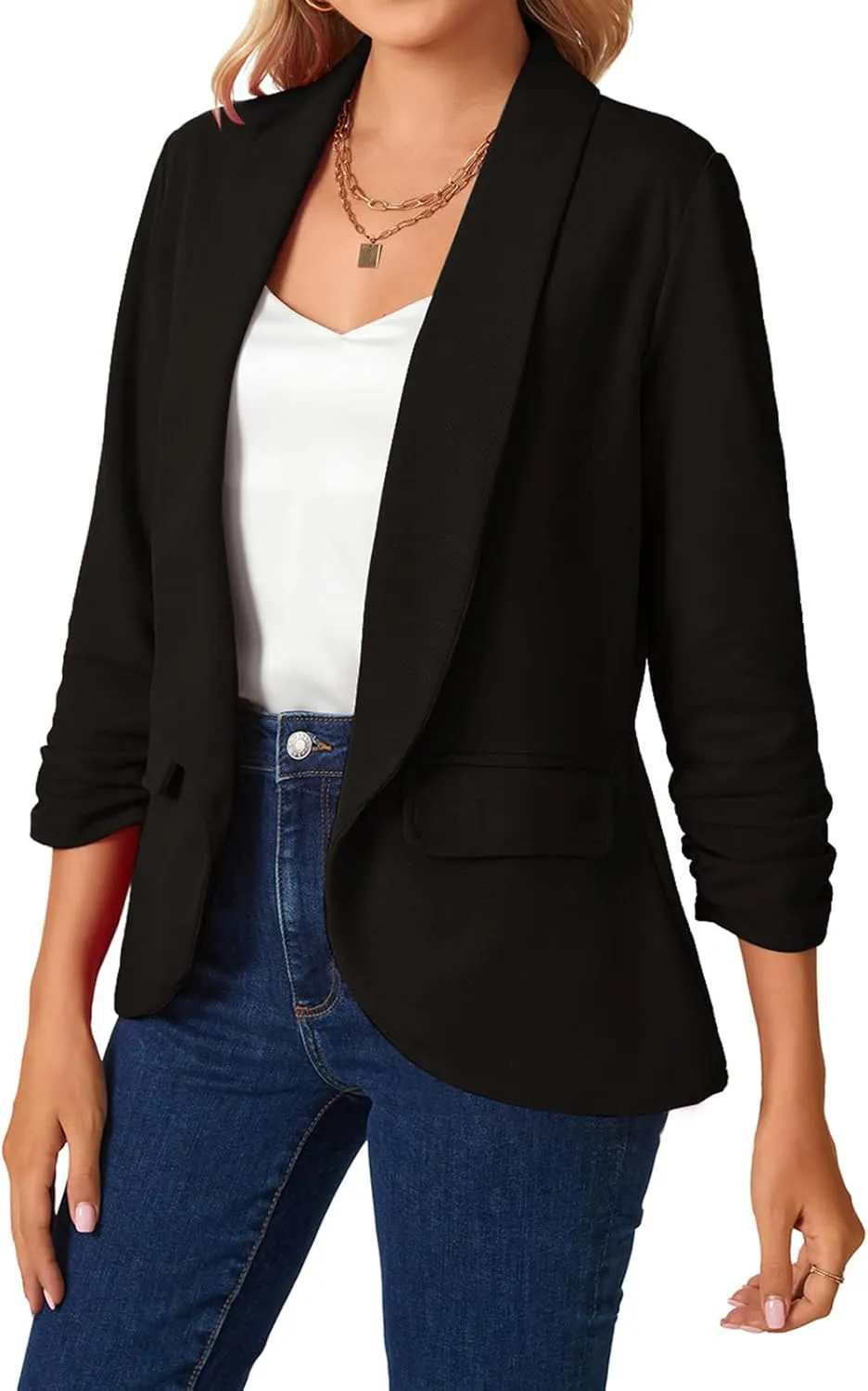 MINTLIMIT Womens Casual Open Front Blazers 3/4 Ruched Sleeve Business Work Blazer Jackets with Pockets