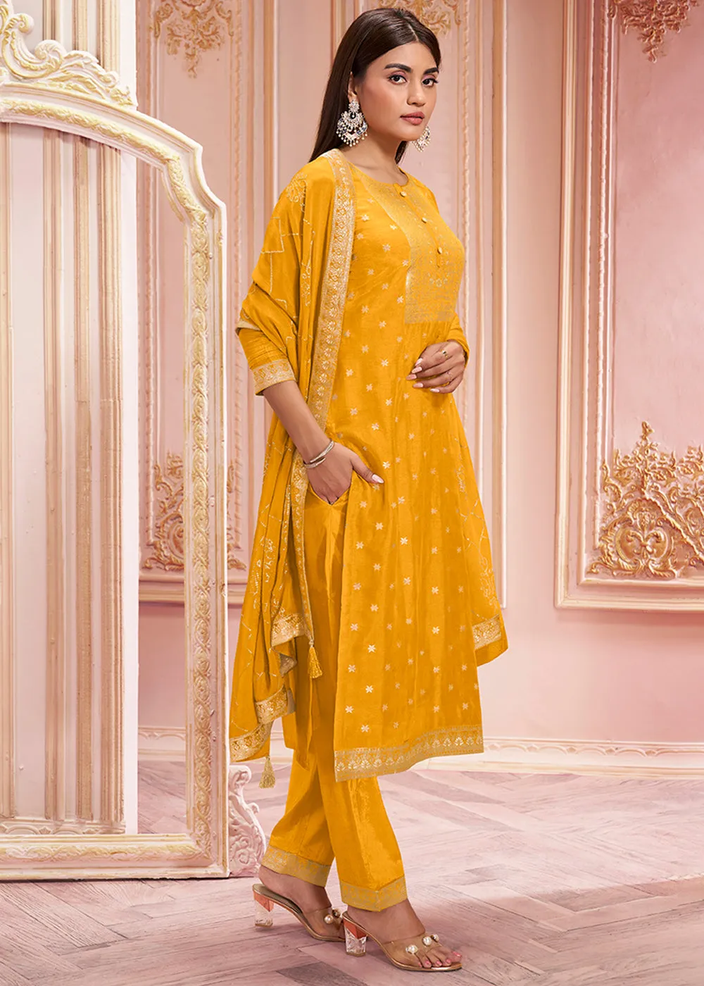 Mustard Yellow Dola Silk Suit Featuring Jacquard Pattern Weaving