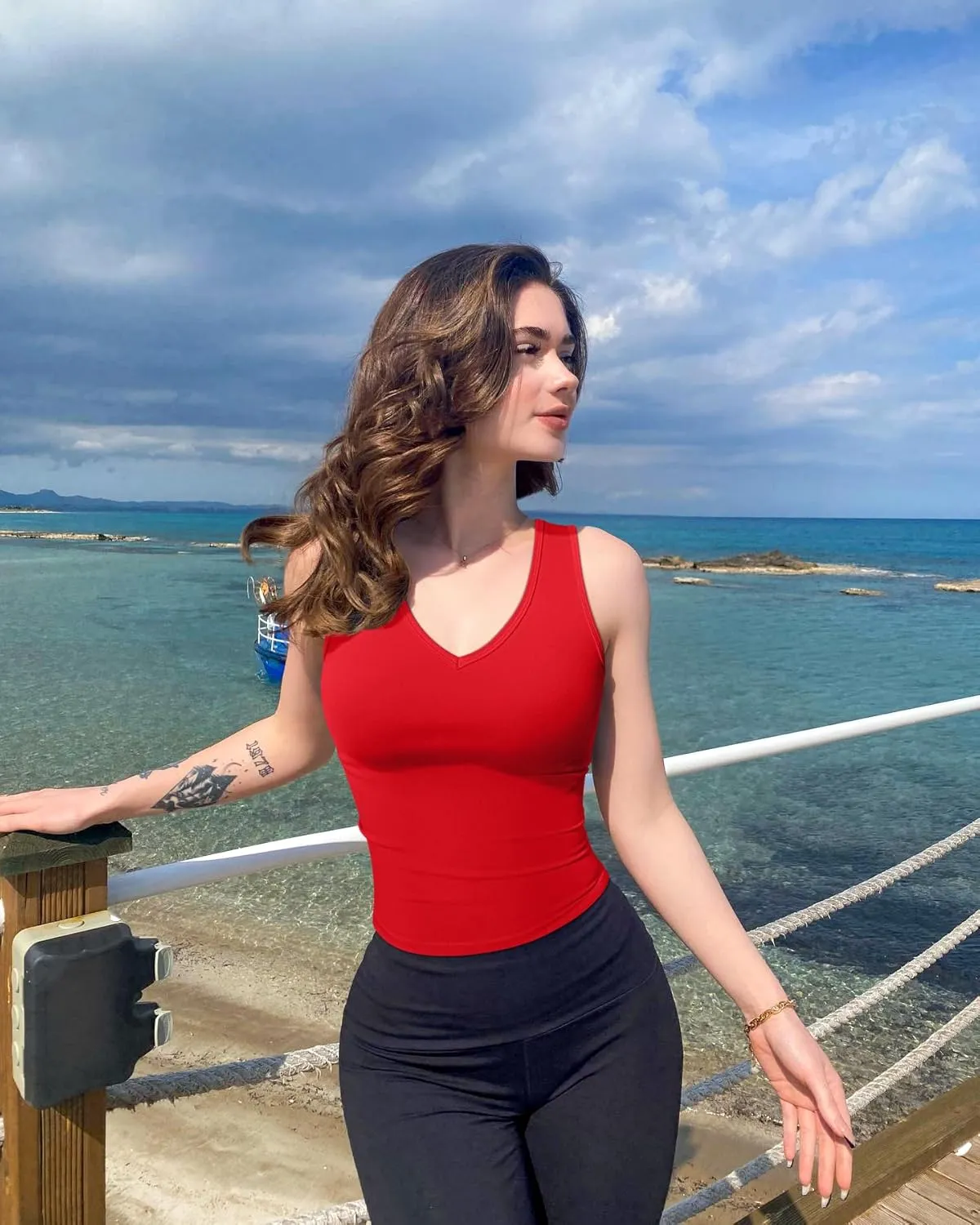 OQQ Women Shirts Sleeveless V Neck Stretch Clothes Basic Tank Tops