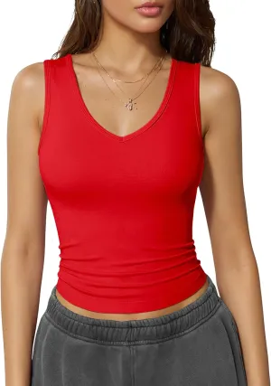 OQQ Women Shirts Sleeveless V Neck Stretch Clothes Basic Tank Tops