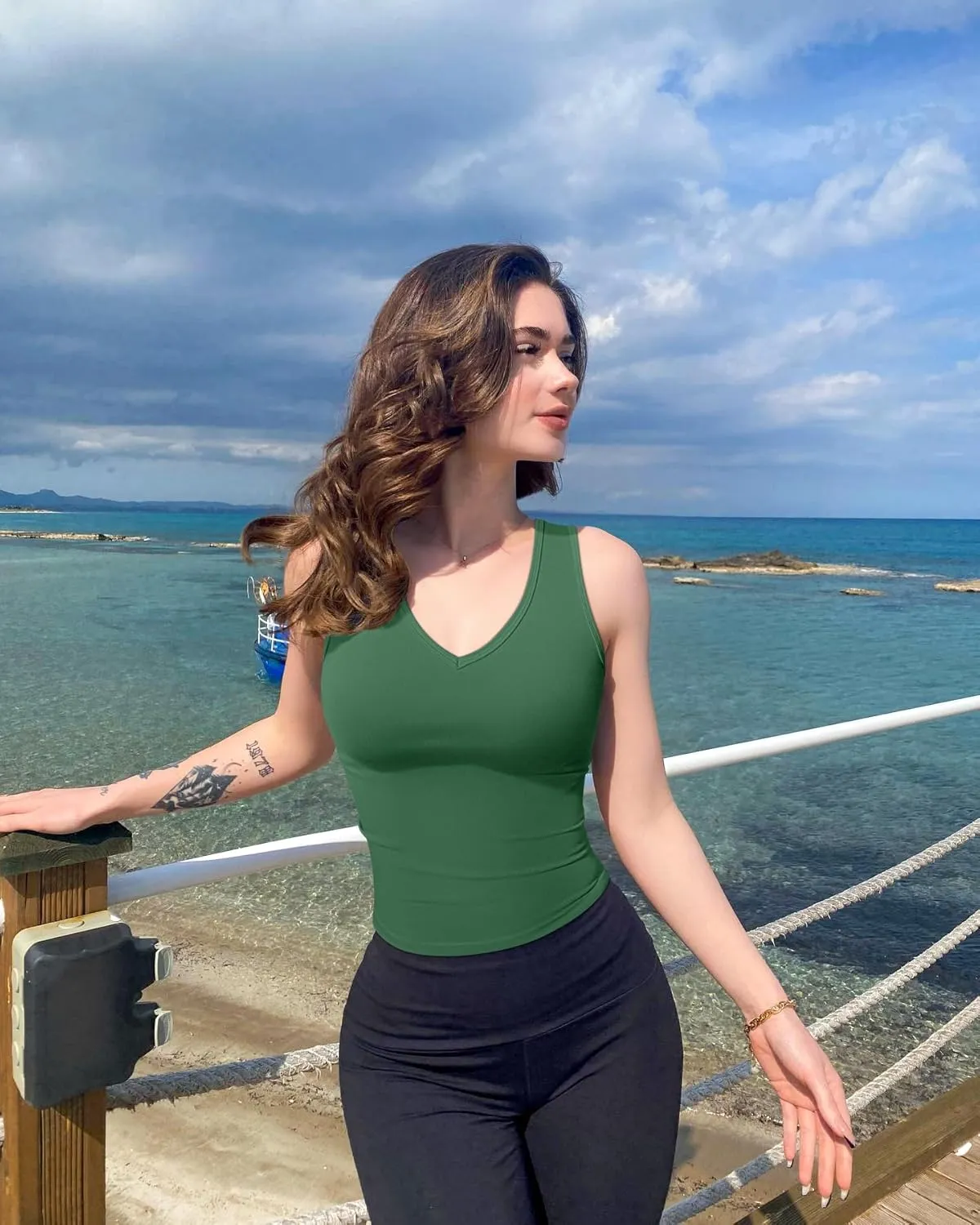 OQQ Women Shirts Sleeveless V Neck Stretch Clothes Basic Tank Tops