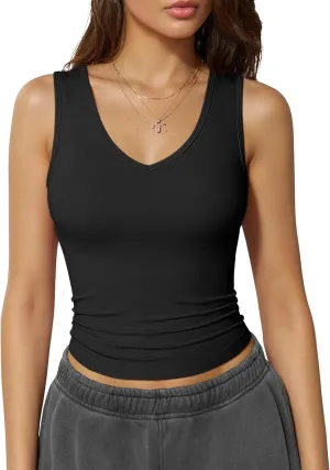 OQQ Women Shirts Sleeveless V Neck Stretch Clothes Basic Tank Tops
