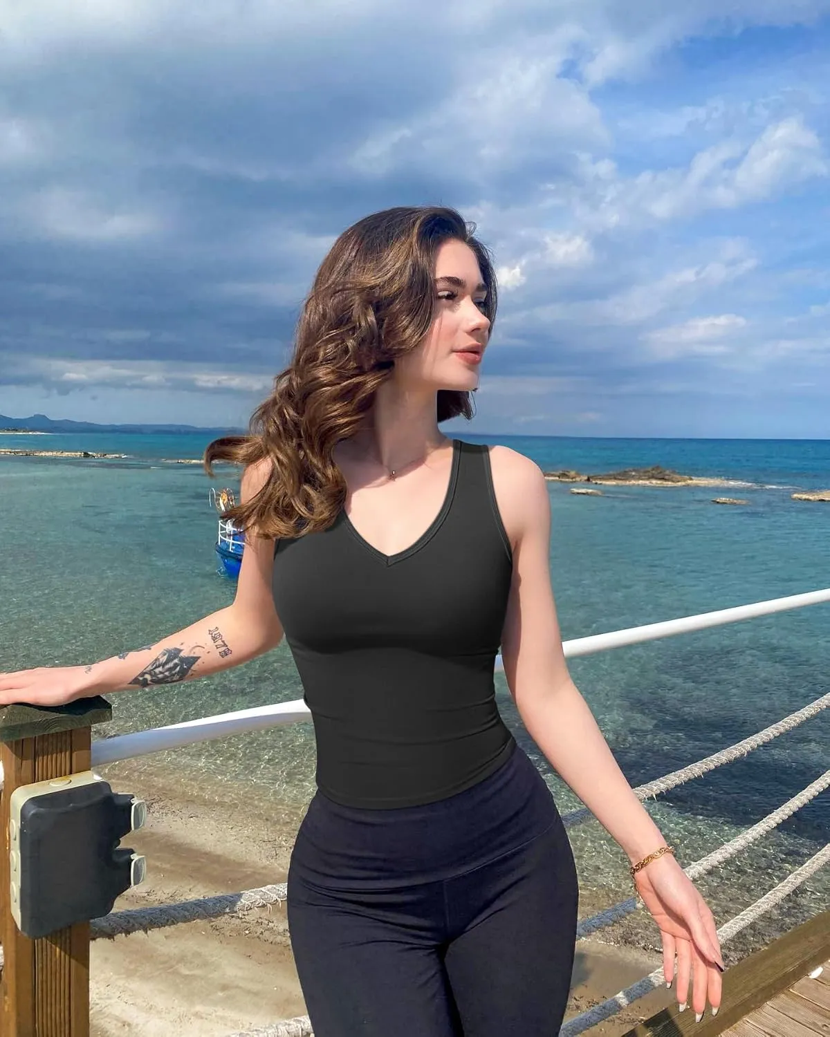 OQQ Women Shirts Sleeveless V Neck Stretch Clothes Basic Tank Tops