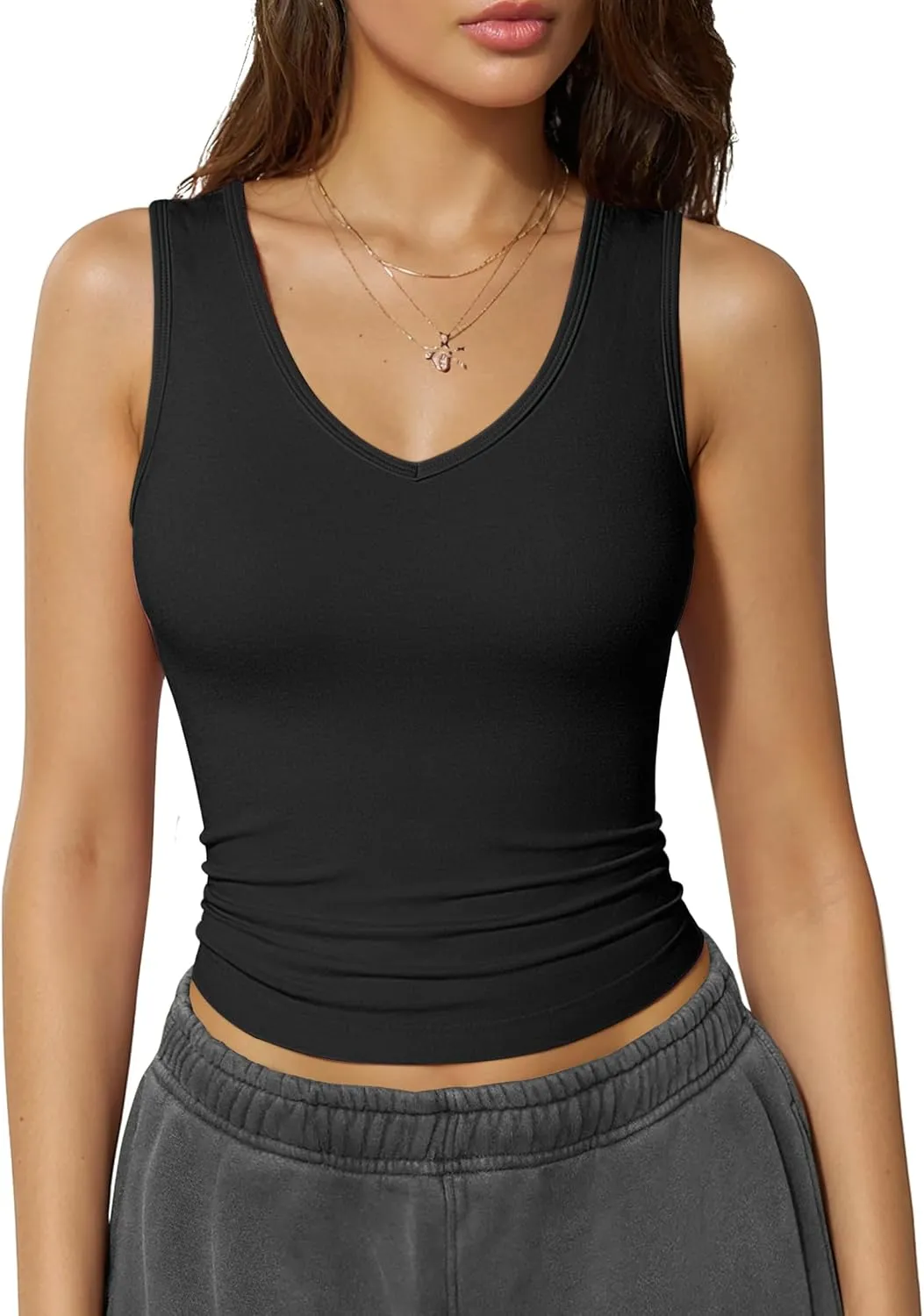 OQQ Women Shirts Sleeveless V Neck Stretch Clothes Basic Tank Tops