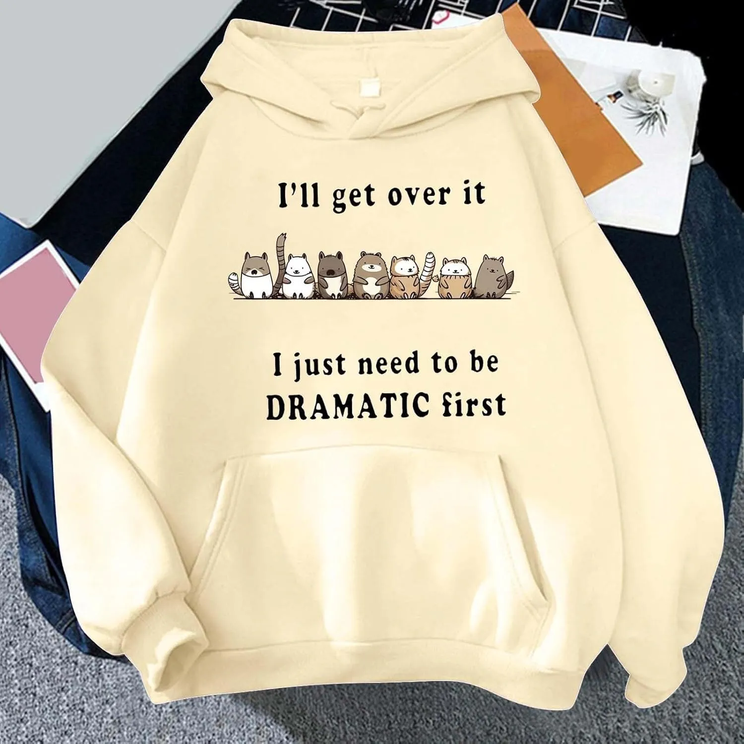 PETCDIM Cute Hoodies for Teen Girls Oversized Kawaii Panda Graphic Sweatshirts Plus Size I'll Get Over It Print Pullover Tops
