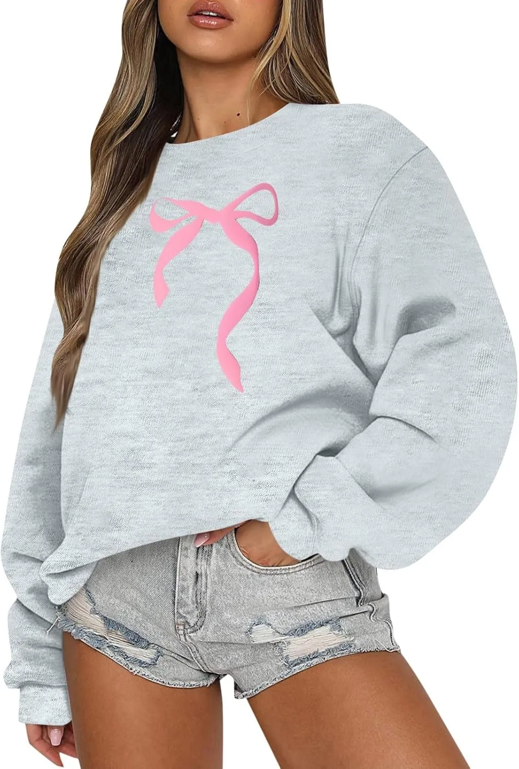 Pink Bow Sweatshirt Oversized Crewneck Sweatshirt Fall Pullover Sweatshirt Long Sleeve Bow Print Sweater Y2k Tops
