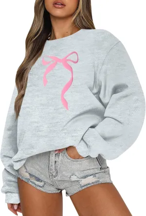 Pink Bow Sweatshirt Oversized Crewneck Sweatshirt Fall Pullover Sweatshirt Long Sleeve Bow Print Sweater Y2k Tops