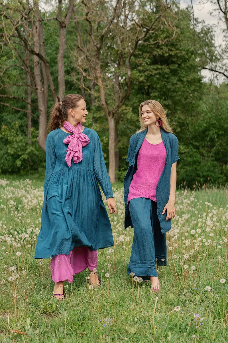 Pleated Dark Teal Silk Cotton Dress