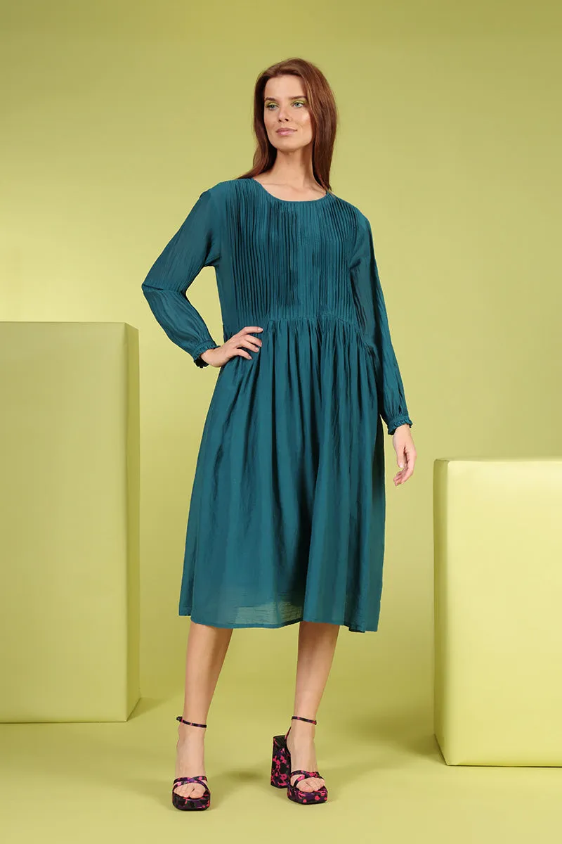 Pleated Dark Teal Silk Cotton Dress