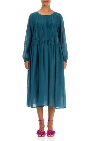 Pleated Dark Teal Silk Cotton Dress