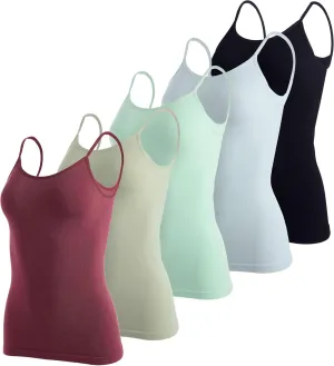 Real Essentials 5 Pack: Women's Ribbed Spaghetti Strap Camisole Seamless Tank Top