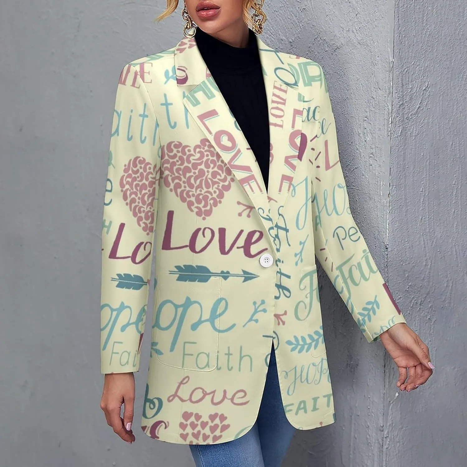 Religious Pattern Blazers for Women Fashion Business Casual Office,Elegant Jacket Coat with Pockets