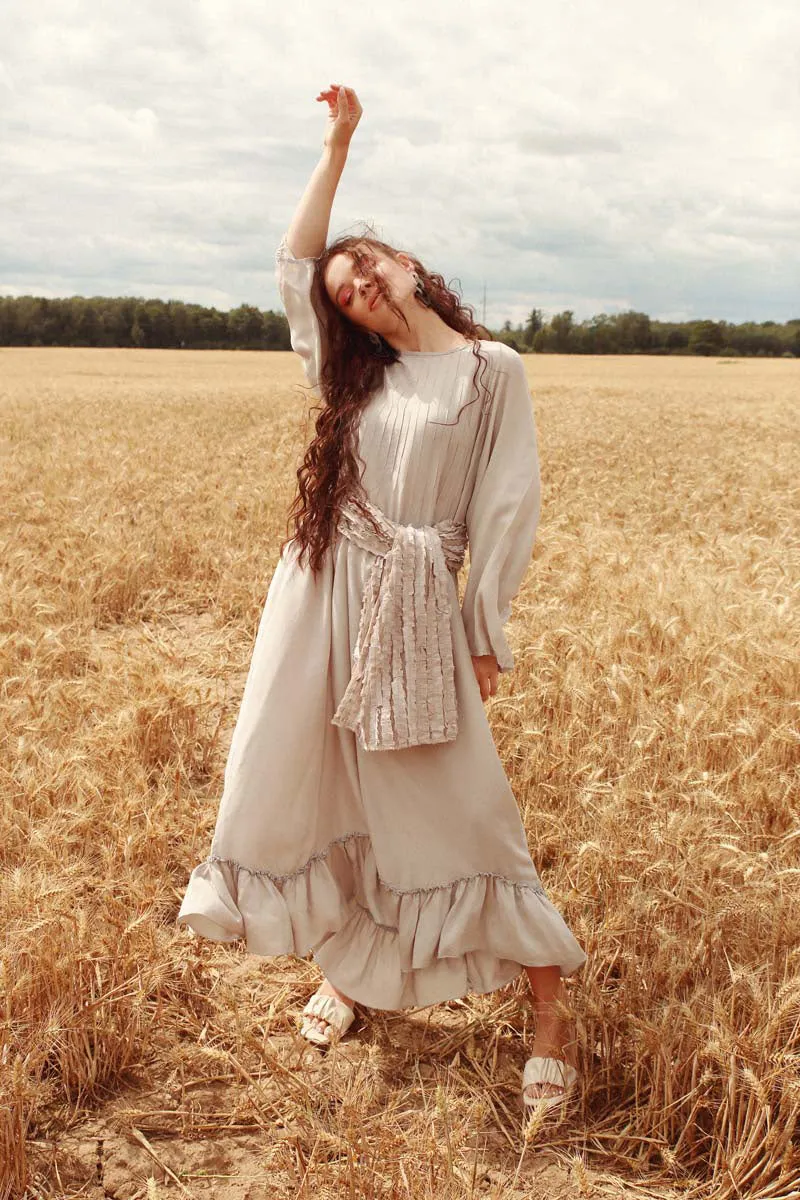 Ruffle Hem Taupe Silk Bamboo Dress