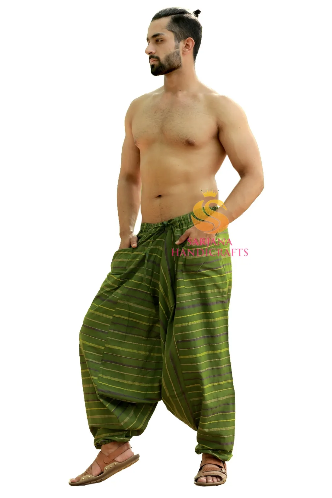 SARJANA Men Women Cotton Pockets Striped Harem Pants Yoga Unisex Drop Crotch Pants