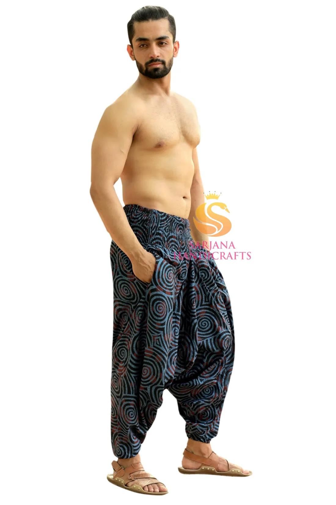 SARJANA Men Women Cotton Printed Harem Pants Yoga Unisex Drop Crotch Pockets Pants