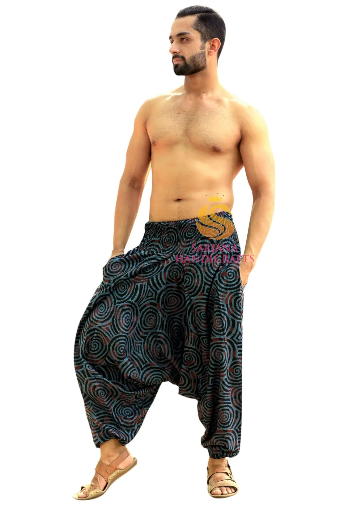SARJANA Men Women Cotton Printed Harem Pants Yoga Unisex Drop Crotch Pockets Pants