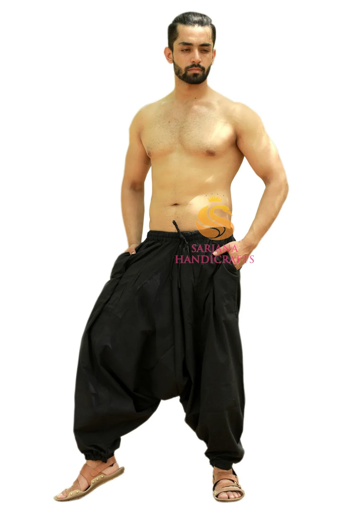 SARJANA Men Women Cotton Solid Pockets Harem Pants Yoga Unisex Drop Crotch Pants