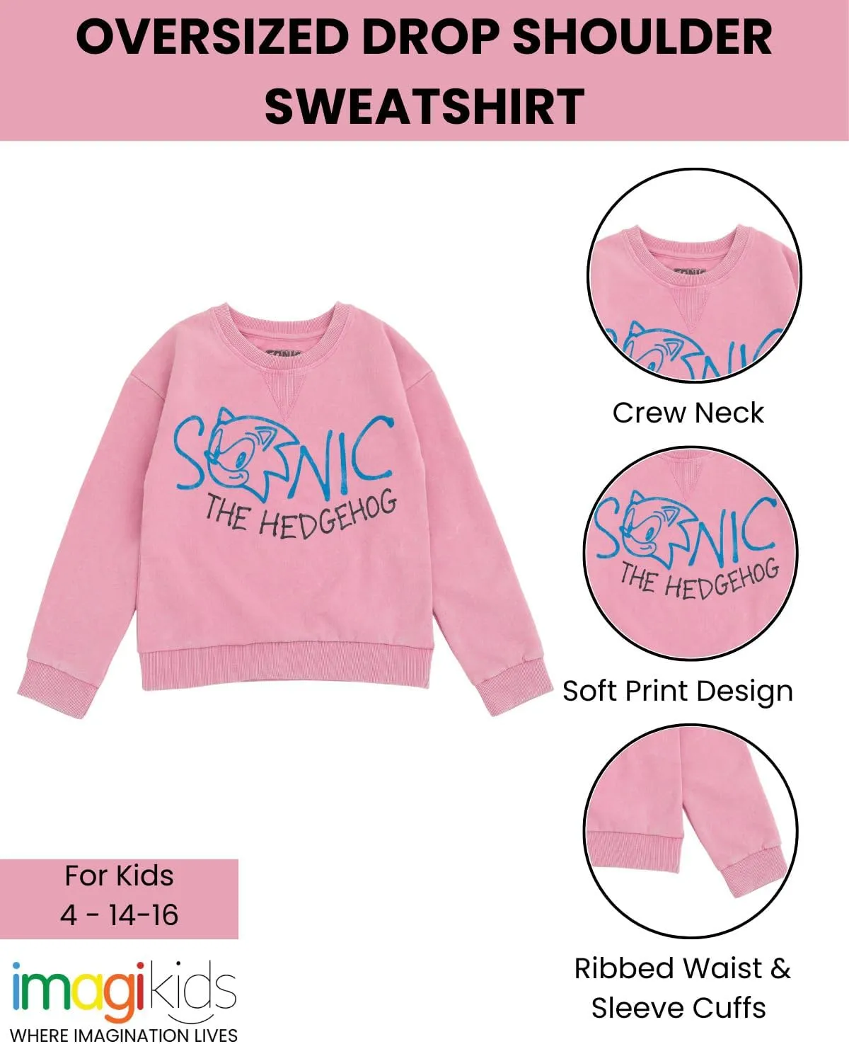 SEGA Sonic the Hedgehog Girls Fleece Oversized Drop Shoulder Sweatshirt Little Kid to Big Kid Sizes (4-14-16)