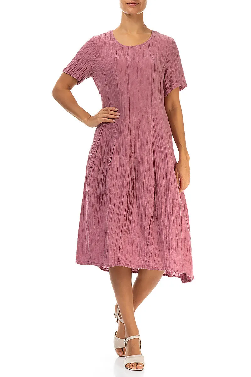 Short Sleeves Balloon Crinkled Mauve Taupe Silk Dress