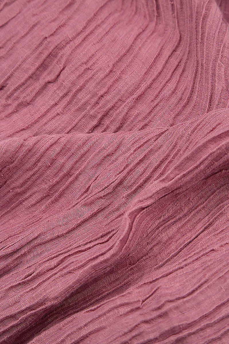 Short Sleeves Balloon Crinkled Mauve Taupe Silk Dress