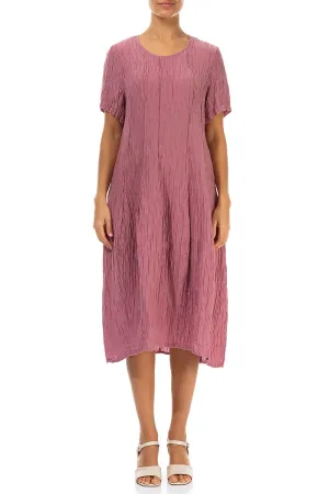 Short Sleeves Balloon Crinkled Mauve Taupe Silk Dress