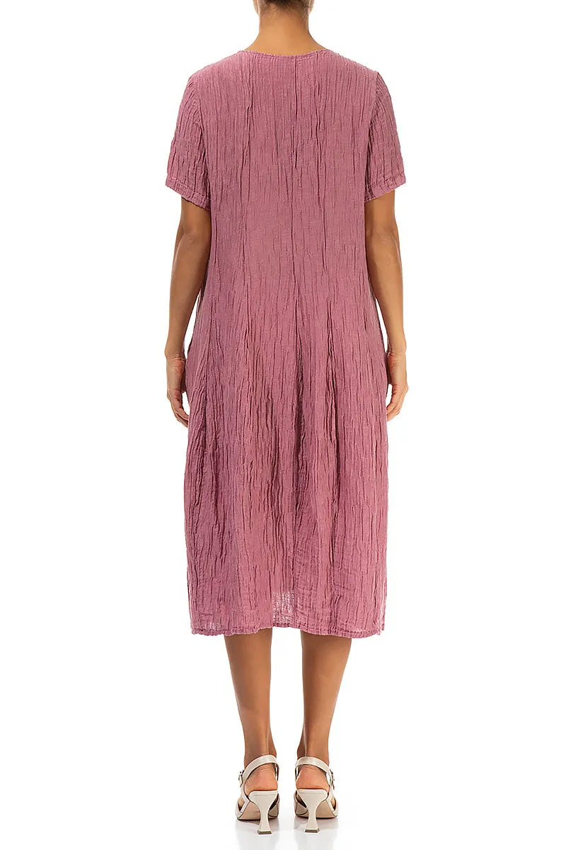 Short Sleeves Balloon Crinkled Mauve Taupe Silk Dress