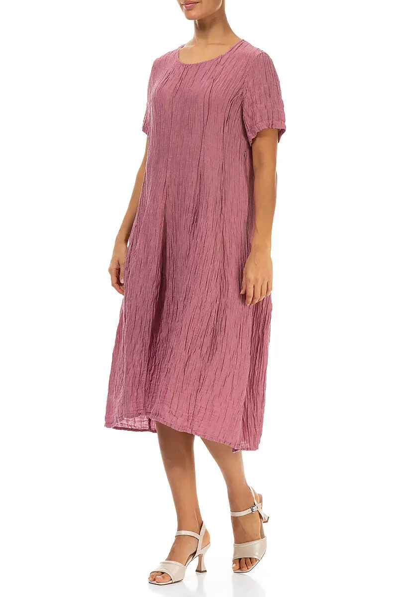 Short Sleeves Balloon Crinkled Mauve Taupe Silk Dress