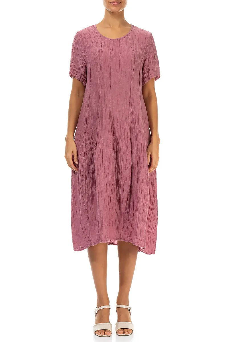 Short Sleeves Balloon Crinkled Mauve Taupe Silk Dress