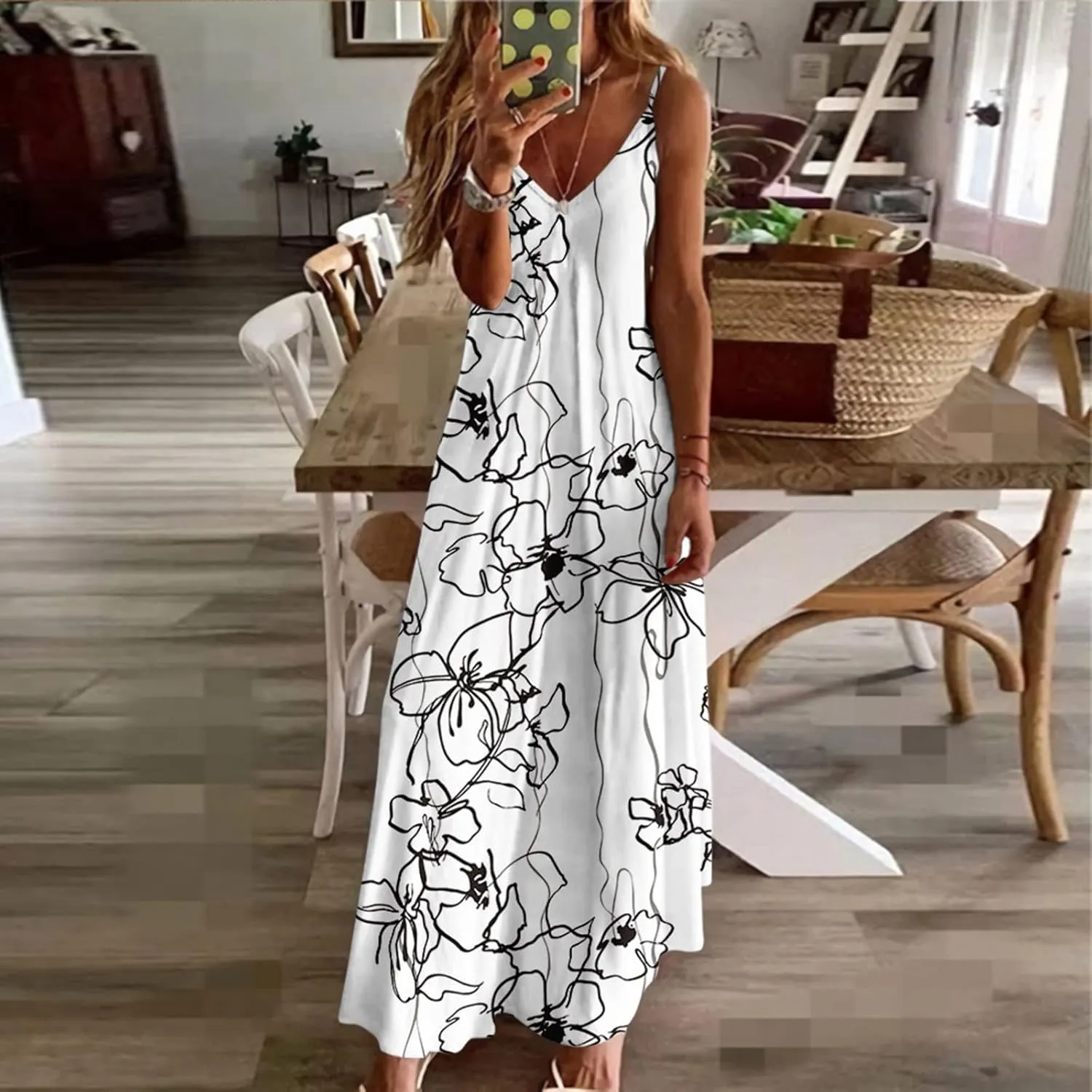 Summer Dresses for Womens 2024 Trendy Flowy V Neck Sleeveless Maxi Dress Casual Loose Fit Dress Long Beach Sundress