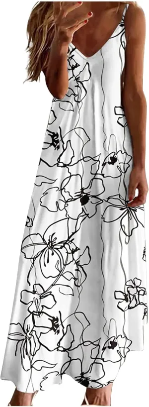 Summer Dresses for Womens 2024 Trendy Flowy V Neck Sleeveless Maxi Dress Casual Loose Fit Dress Long Beach Sundress