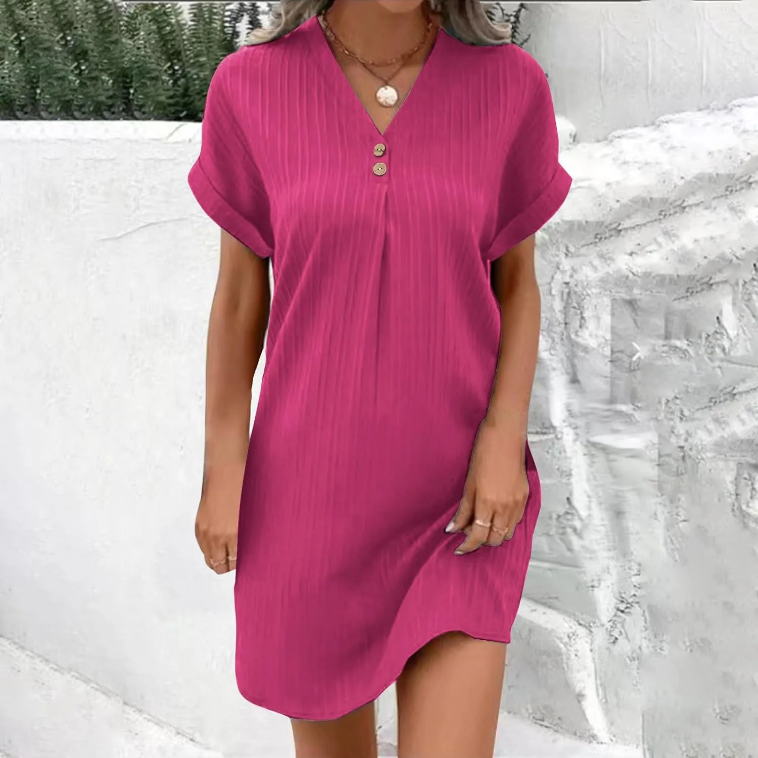 Summer Tshirt Dresses for Women Casual Loose Short Sleeve V Neck Dress Buttons Decor Comfy Solid Mini Dresses