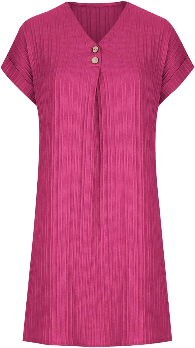 Summer Tshirt Dresses for Women Casual Loose Short Sleeve V Neck Dress Buttons Decor Comfy Solid Mini Dresses