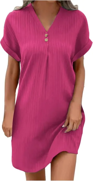 Summer Tshirt Dresses for Women Casual Loose Short Sleeve V Neck Dress Buttons Decor Comfy Solid Mini Dresses