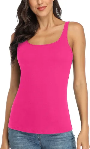 V FOR CITY Hot Pink Tank Top with Shelf Bra Women's Adjustable Wide Strap Camisole Basic Cotton Cami Shirts M
