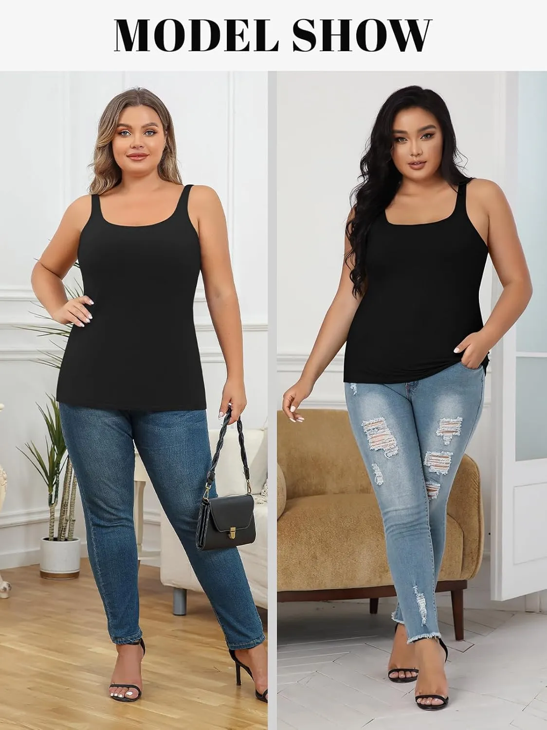 V FOR CITY Plus Size Tank Top for Women with Shelf Bra Adjustable Wide Strap Camisole Summer Basic Cotton Udershirts 1X-5X