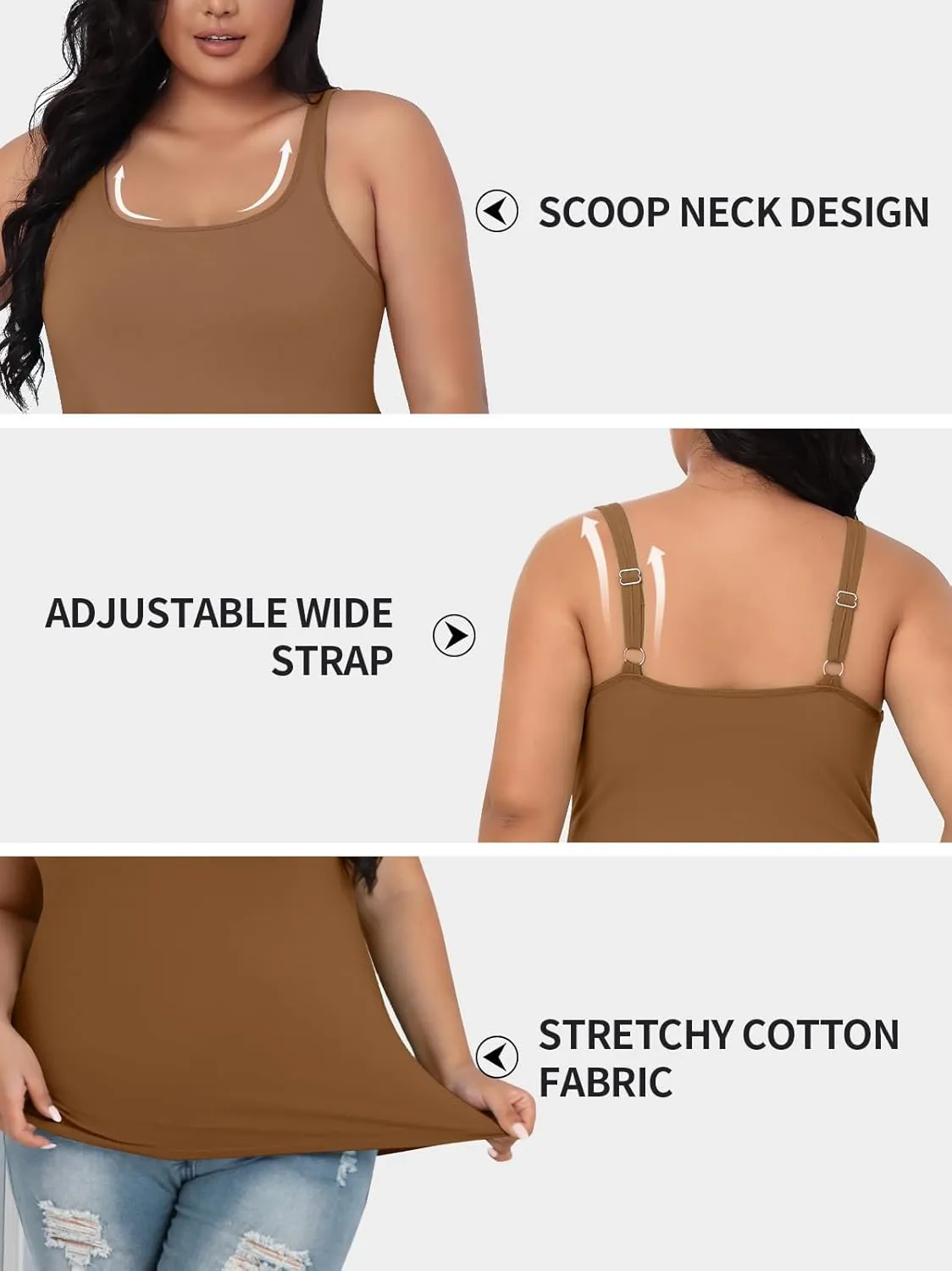 V FOR CITY Plus Size Tank Top for Women with Shelf Bra Adjustable Wide Strap Camisole Summer Basic Cotton Udershirts 1X-5X