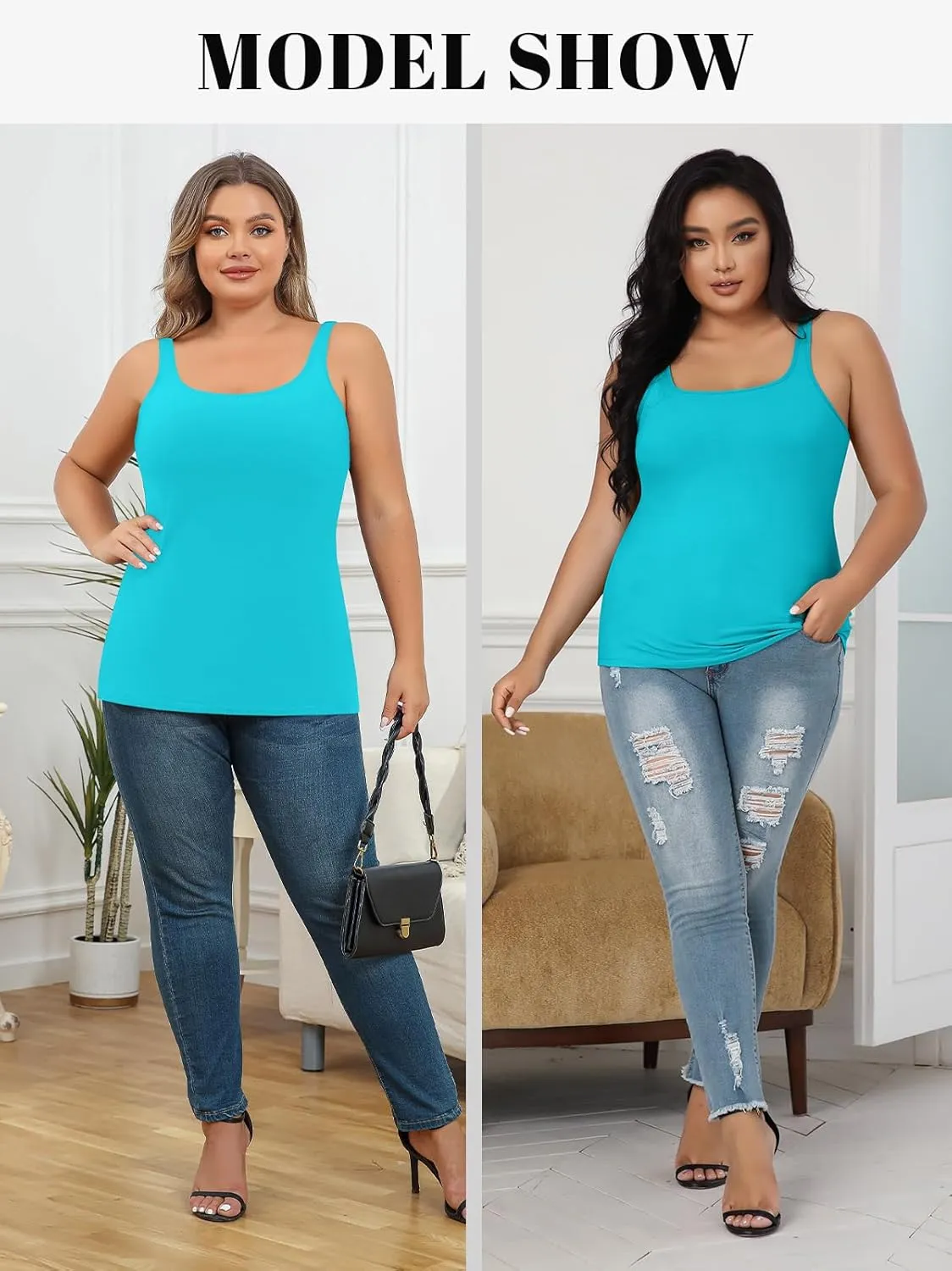 V FOR CITY Plus Size Tank Top for Women with Shelf Bra Adjustable Wide Strap Camisole Summer Basic Cotton Udershirts 1X-5X
