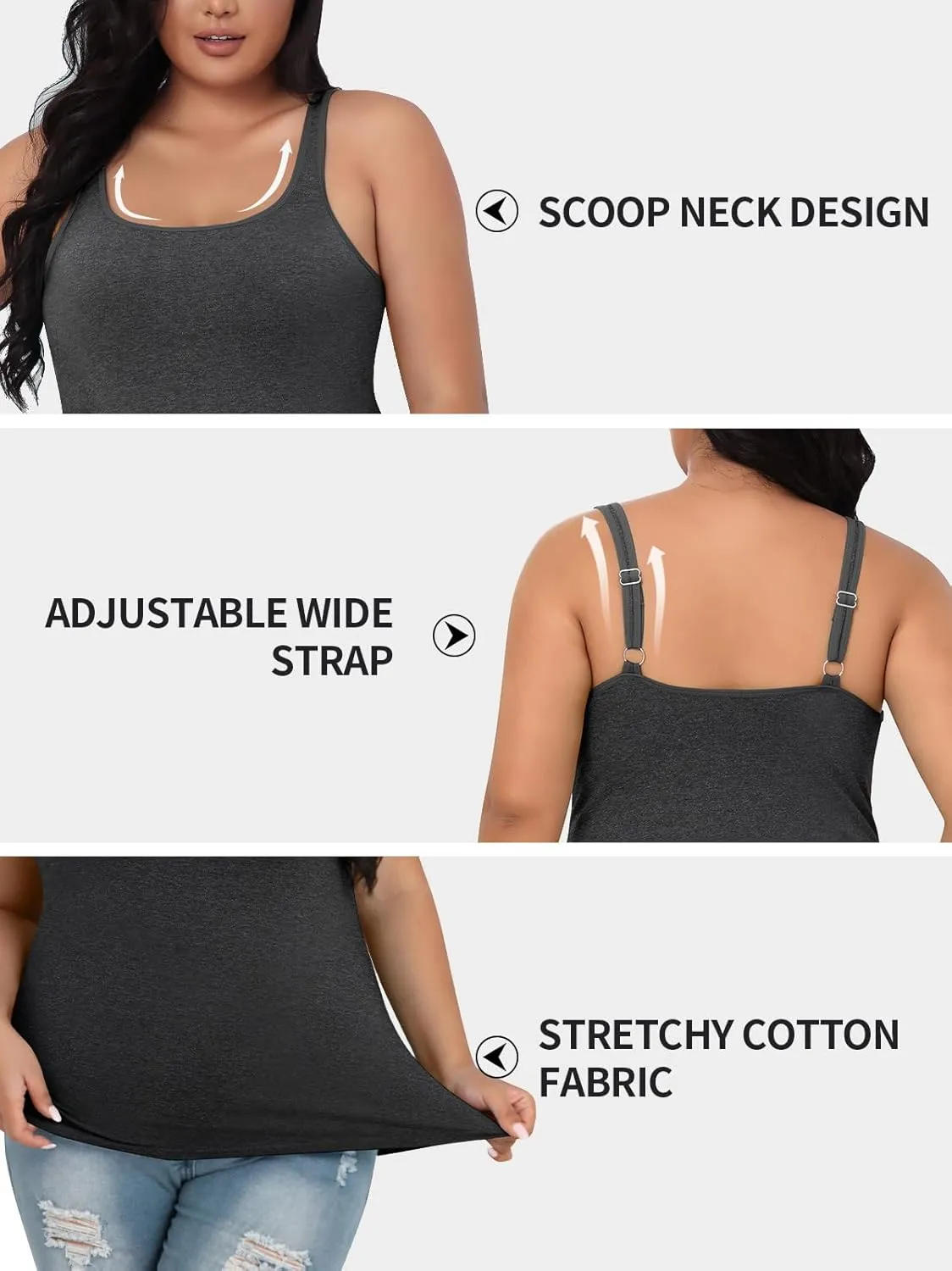 V FOR CITY Plus Size Tank Top for Women with Shelf Bra Adjustable Wide Strap Camisole Summer Basic Cotton Udershirts 1X-5X