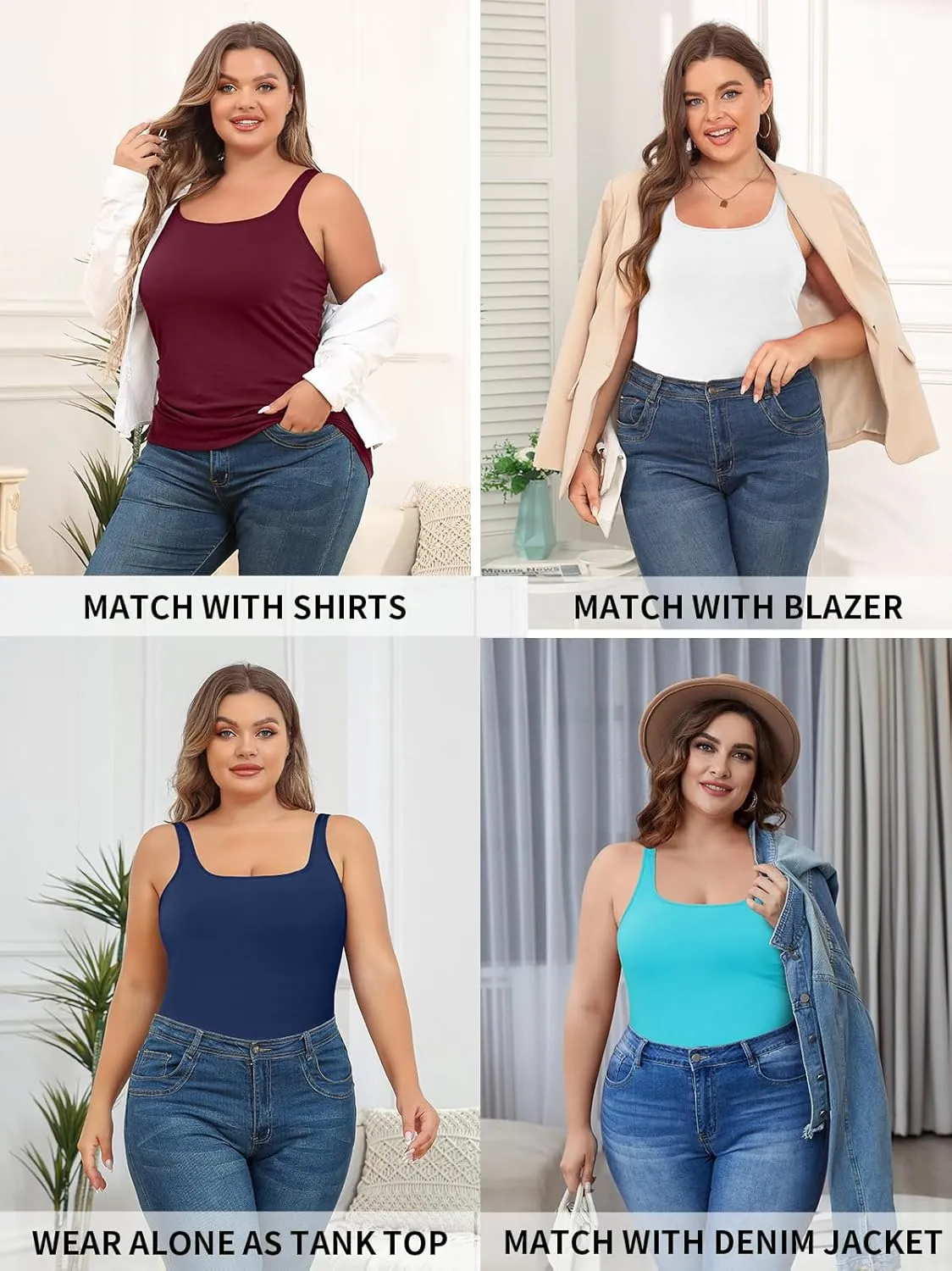 V FOR CITY Plus Size Tank Top for Women with Shelf Bra Adjustable Wide Strap Camisole Summer Basic Cotton Udershirts 1X-5X
